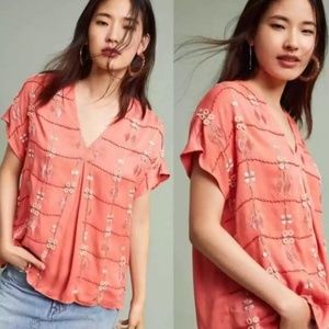 Blank London Anthropologie Coral Cinque Terre Embellished V-Neck Blouse Size S